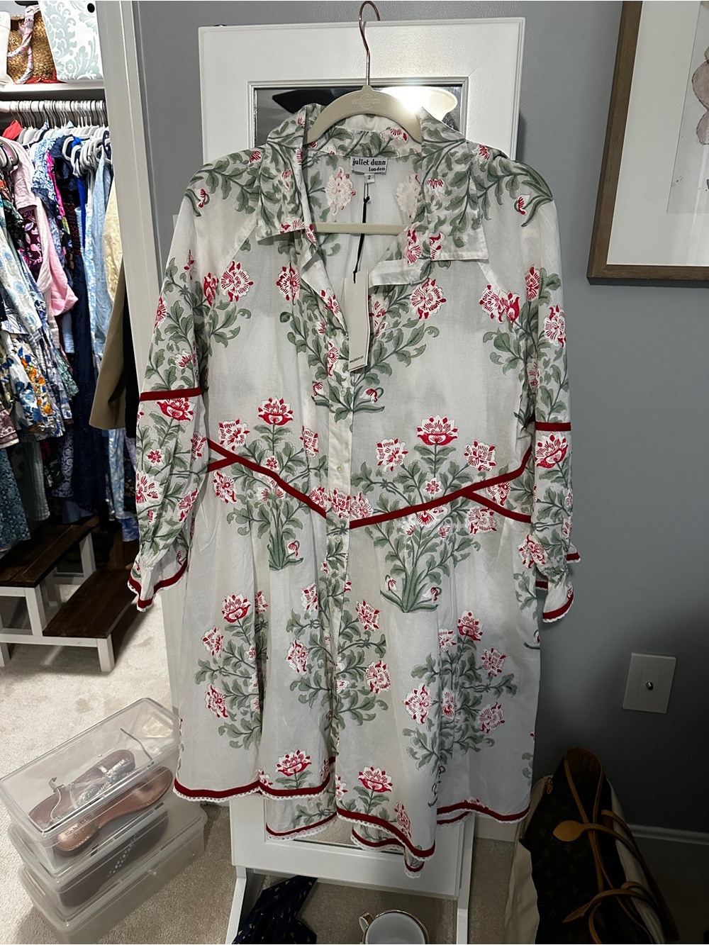 Juliet Dunn White Floral Blouse with Sage and Red Accents